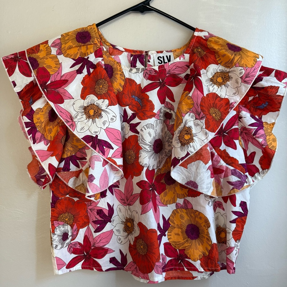 SLV Suzi La. Vogue Floral Ruffle Sleeve Crop Top Size Sm. White Red Orange Pink